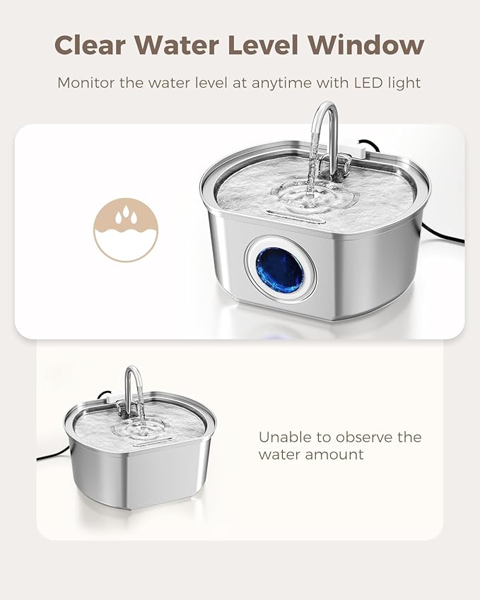 Cat Water Fountain Stainless Steel: 108oz/3.2L Cat Fountain for Drinking- Pet Water Fountain Inside - Automatic Dog Watering Dispenser Bowl - Pet Feeding & Watering Supplies - Water Level Window