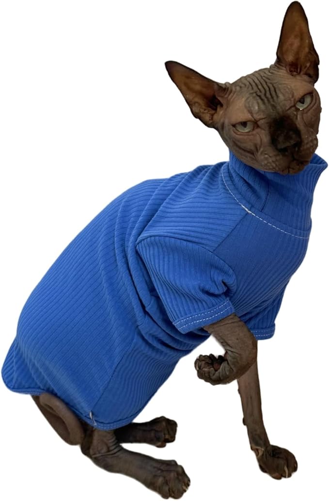 Sphynx Cats Shirt Cat Turtleneck Cotton Sweater Pullover Kitten T-Shirts with Sleeves Cat Pajamas Jumpsuit for Sphynx Cornish Rex, Devon Rex, Peterbald (Medium (Pack of 1), Deep Blue)