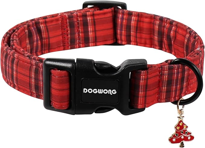 DOGWONG Christmas Plaid Dog Collar, Cute Adjustable Red Tartan Collar, Red Grid Dog Collar with Strong Plastic Buckle for Small Medium Large Dogs,XL