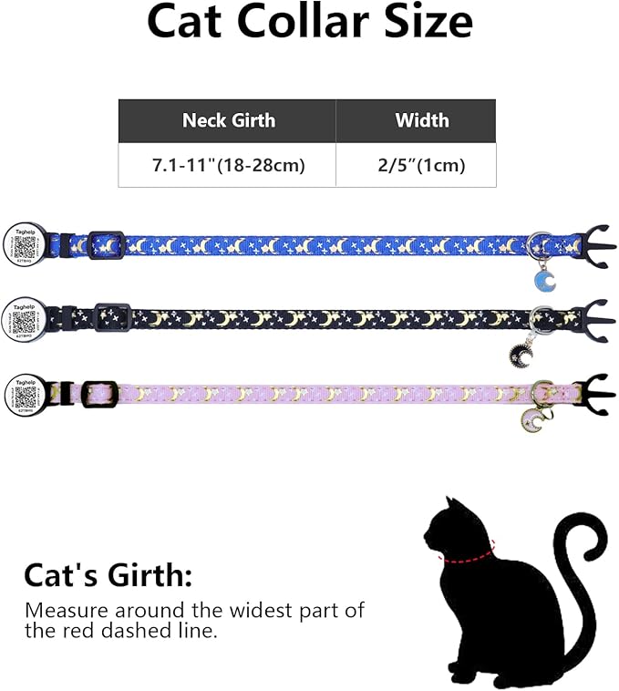 Breakaway Cat Collar with QR Code ID & Modifiable Profile, Upgraded Reflective Safety Collar - Free Lifetime Replacement, Adjustable Nylon, Star Moon Design (Blue)