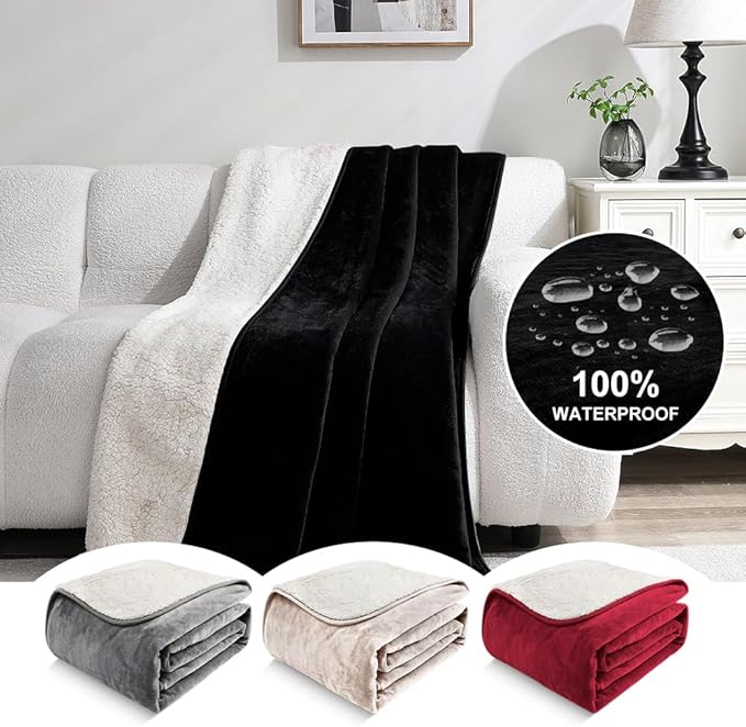 Waterproof Blanket for Couples – Ideal for Couch & Bed Splash Proof Sherpa Throw, Leakproof TPU Layer, Stain Resistant Washable Bed Protector – Black, 80"x60"