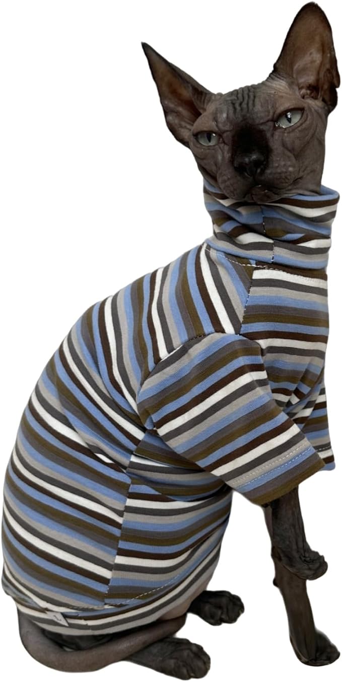 Vintage Stripes Sphynx Hairless Cats Shirt Cotton Cat Turtleneck Pet Clothes Kitten T-Shirts with Sleeves for Sphynx Cats (Storm, Small)