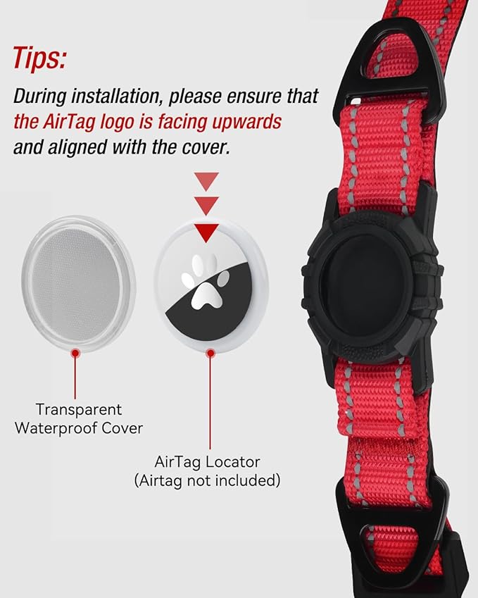 Joytale Airtag Dog Collar, Reflective Pet Collar with Waterproof AirTag Holder, Dual D-Rings, Soft Padded Adjustable for Small Dogs, Red, S