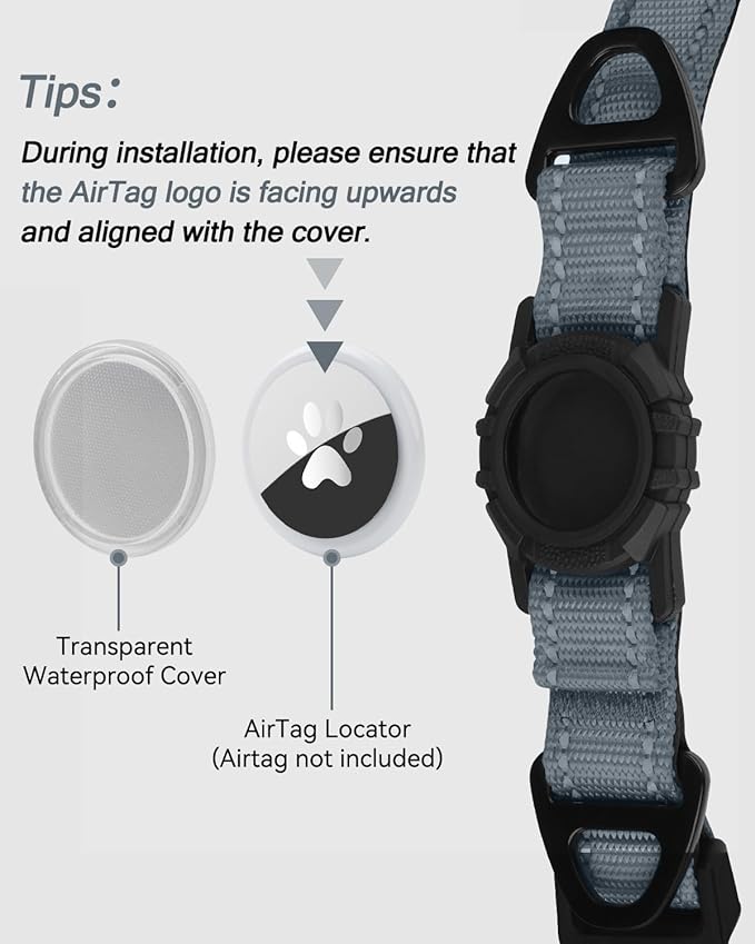 Joytale Airtag Dog Collar, Reflective Pet Collar with Waterproof AirTag Holder, Dual D-Rings, Soft Padded Adjustable for Large Dogs, Gray, L