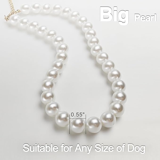 Chunky Pearl Dog Collar Large Breed (0.55 Inch), Adjustable Dog Necklace, Beaded Dog Collar Imitation White Pearls, Elegant Dog Jewelry Suit for Medium Large Dog 18.9"-21.4" Inner Circumference
