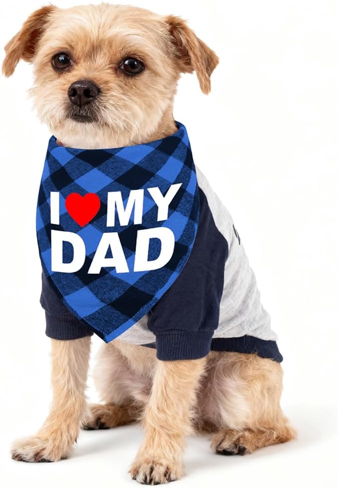 GreenJoy Cute Plaid Dog Bandana – Washable Pet Triangle Scarf for Small, Medium, Large Dogs and Cats, Adjustable Pet Accessory for Birthday, Wedding and Christmas (Blue (I Love My Dad), Medium)