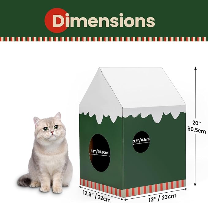 Cardboard Cat House with Scratch Pad & Catnip, Cat Play Scratching House for Indoor Hideaway Furniture, Heavy Duty Sturdy Cardboard Scratcher, Easy to Assemble Birthday Gift, Medium