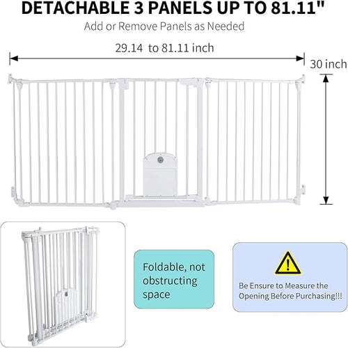 81.11" Extra Wide Baby Gate with Cat Door, Auto Close Pet Gates Dog Gate, Hardware Mounted Walk Through Swing Safety Baby Gates for Stairs, Doorways, Kitchen, House, 30" Tall, 3 Panels