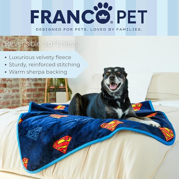 Franco Pet Superman DC Comics Super Soft Cozy Waterproof Sherpa-Backed Blanket Throw for Medium Dogs, Couch/Bed/Car, 40x50 (Officially Licensed Product)
