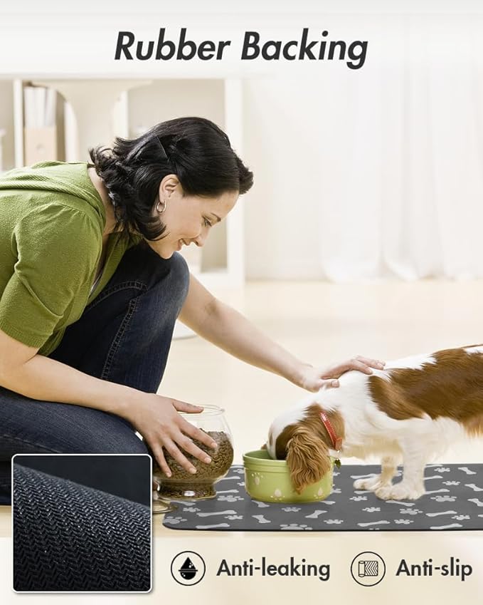 MontVoo Dog Food Mat-Pet Feeding Mat for Food and Water-No Stains Quick Dry Dispenser Cat Bowl Mat for Messy Drinkers(17"x34" Dark Grey)