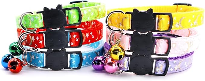 Reflective Cat Collars Breakaway with Bell 2-Pack Girl Boy Pet Kitten Collar with Star Moon Patetrn Adjustable 7.5-12.5 Inch (Green)