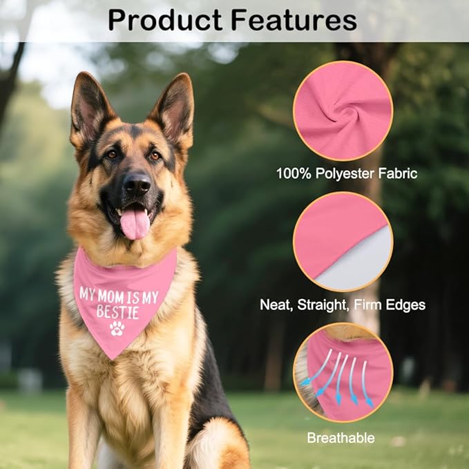 My Mom is My Bestie Pink Dog Bandana, Funny Pet Bandana Adjustable Scarf Triangle, Photo Prop Accessory Decor for Mom's Day, Thanksgiving Gifts for Puppy Mom Petlover Aunty Sister
