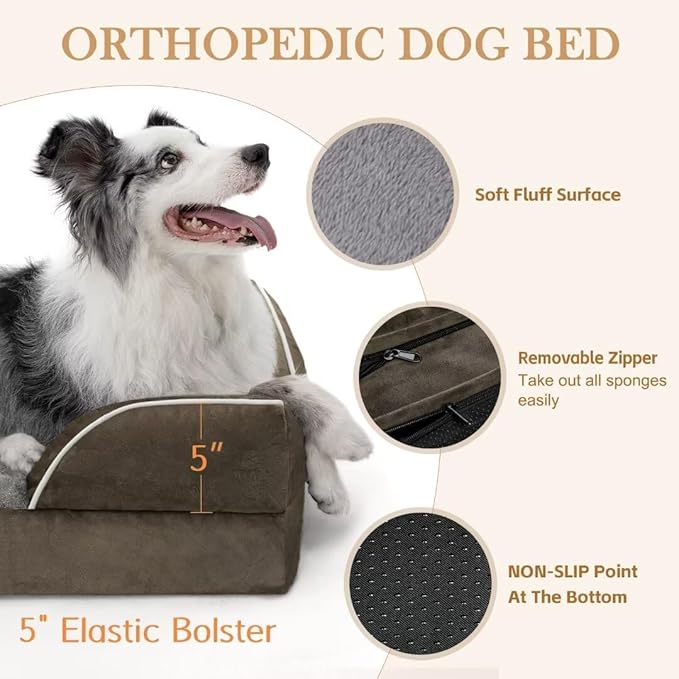 Comfort Expression Orthopedic Dog Bed for Extra Large Dogs 42x30 Inch, Waterproof Egg Crate Foam XL Pet Bed with Removable Bolsters, Dog Couch with Washable Cover & Non-Slip Bottom, Dark Green