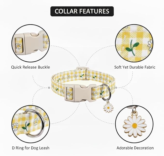 Cute Dog Collar, Yellow Plaid Dog Collar with White Floral Pattern, Spring Summer Design Floral Collar for Girls Boys Medium Dogs