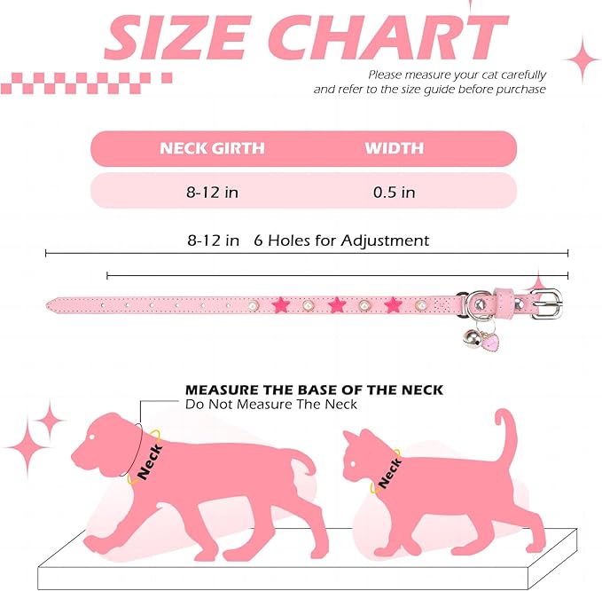 EXPAWLORER Leather Cat Collar for Girl Boy- Adjustable Pet Collar with Safety Elastic Belt,Personalized Star & Pearl Accessories Buckle Collars with Bell & Durable D-Ring,Pentagram (Pink)
