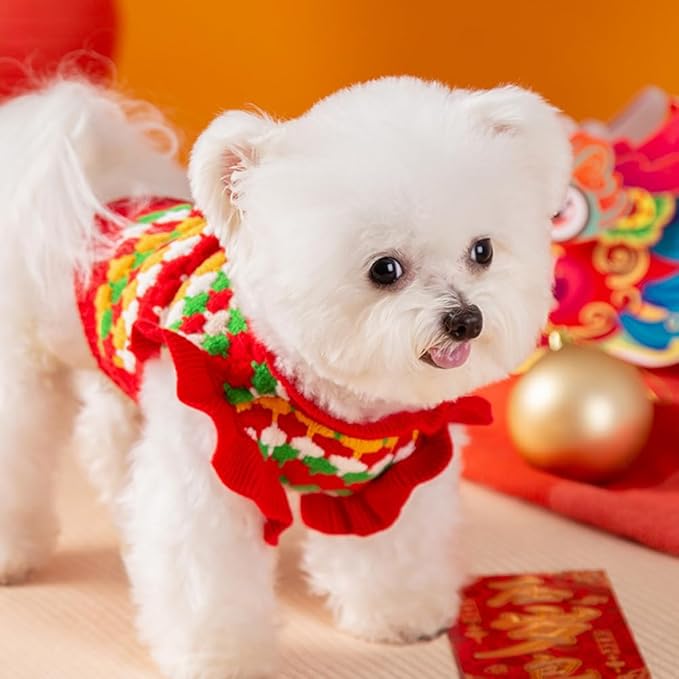 Small Dog Sweater, Knitted Tulip Cat Sweater, Warm Thick Holiday Puppy Clothes for Small Dog Girl,Cold Weather Outfit for Kitten Chihuahua Yorkie Teacup Dachshund Pug (Red, X-Small)