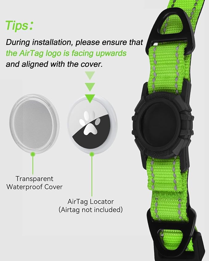 Joytale Airtag Dog Collar, Reflective Pet Collar with Waterproof AirTag Holder, Dual D-Rings, Soft Padded Adjustable for Extra Small and Puppy Dogs, Green, XS