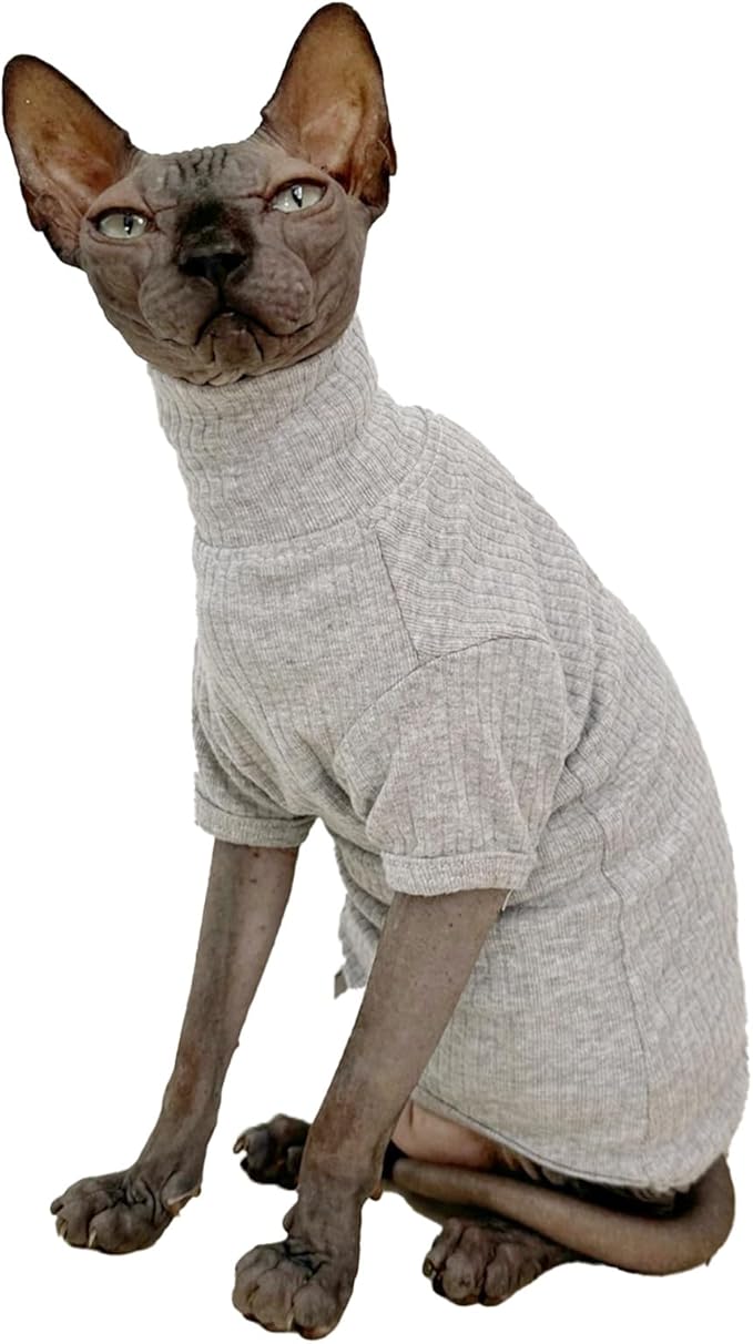 Sphynx Hairless Cats Shirt Cotton Cat Turtleneck Sweater Pullover Kitten T-Shirts with Sleeves Cat Pajamas Jumpsuit for Sphynx Cornish Rex, Devon Rex, Peterbald (Small (Pack of 1), Light Grey)