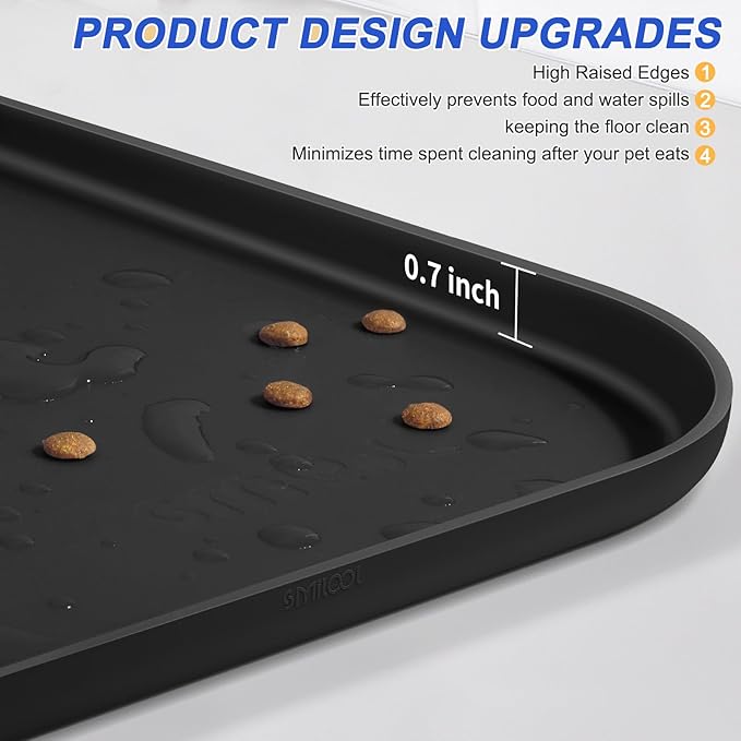 Silicone Pet Feeding Mat with Raised Edge for Food and Water, Dog Bowl Mats, Cat Bowls Placemat with High Lip for Floor Waterproof, Rubber Tray for Cats and Dogs 19 x 12 x0.7 Black