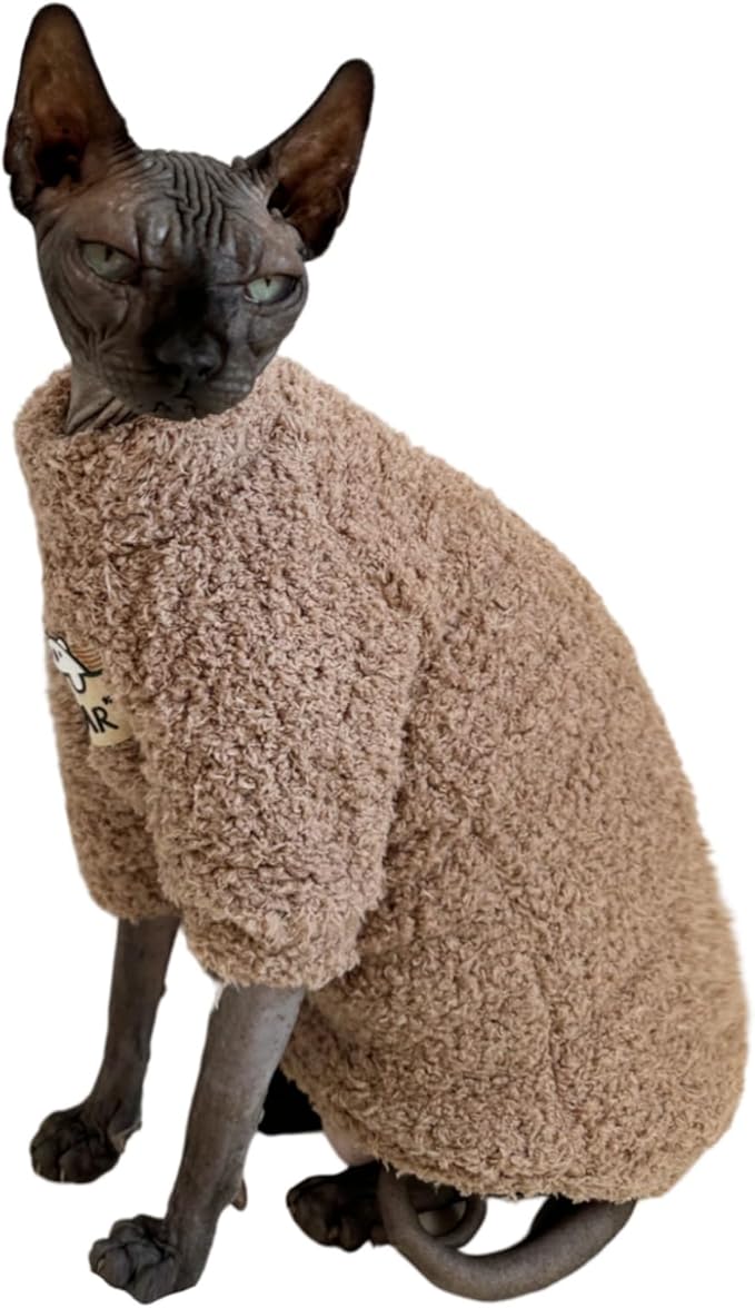 Sphynx Cat Clothes Hairless Cat Super Soft Warm Fleece T Shirt Elastic Winter Sweater Outfit, Pet Clothes for Sphynx Cat Coat for Cats and Small Dogs Apparel (Brown, Small)