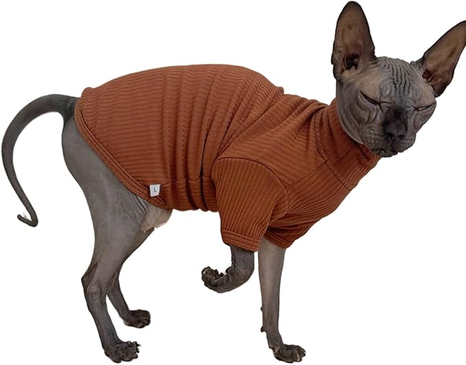 Kitipcoo Sphynx Hairless Cats Shirt Cotton Cat Turtleneck Sweater Pullover Kitten T-Shirts with Sleeves Cat Pajamas Jumpsuit for Sphynx Cornish Rex, Devon Rex, Peterbald (Coffee, Small)