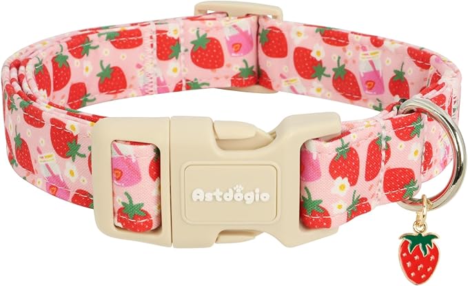 Strawberry Dog Collar, Cute Pink Dog Collars for Medium Dogs, Sweet Fresh Style Pet Collar Medium Dog Collars, Puppy Collar with Quick Release Buckle for Girl Boy Dog-M