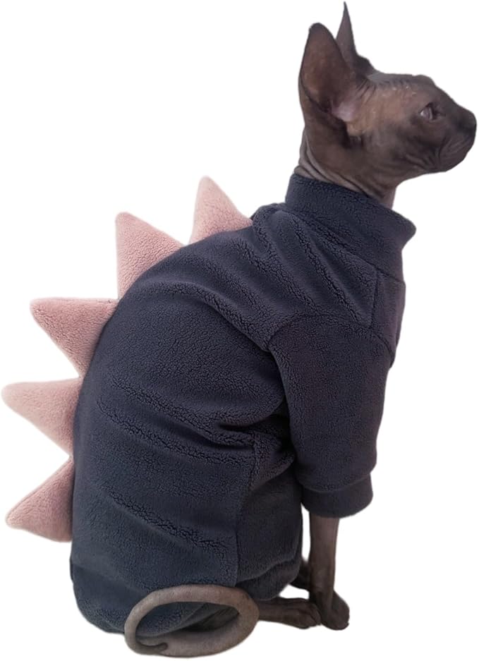 Dinosaur Sphynx Cat Clothes, Soft Polar Fleece Sweater for Cat, Elastic Pet Clothes Thick Winter Warm Outfit for Hairless Cat, Devon, Cornish, Small Dogs Apparel with Sleeves (Grey, Small)