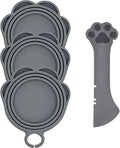 3 Pcs Cat Food Can Covers & One Can Opener | Cute Paw Shape Lids and Opener Spatula Cat Wet Food Spoon | Universal BPA Free Silicone Spoon & Covers for Dog Cat Cans(Grey)