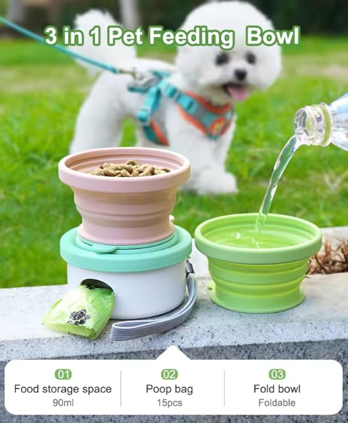 3 in 1 Collapsible Dog Bowl, Treat Container, Poop Bag Holder with 1 Roll Poop Bags – Practical Silicone Dog Bowl, – Durable Pet Bowls for Travel Essentials, Daily Walks (Pink)