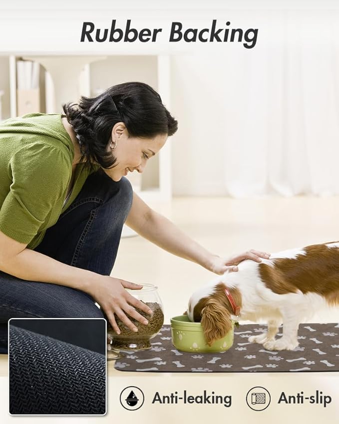 MontVoo Dog Food Mat-Pet Feeding Mat for Food and Water-No Stains Quick Dry Dispenser Cat Bowl Mat for Messy Drinkers(12"X19" Brown)