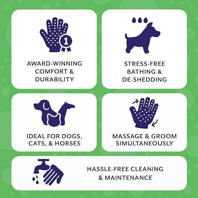 HandsOn Pet Grooming Gloves - #1 Ranked, Award Winning Shedding, Bathing, & Hair Remover Gloves for Cats, Dogs, and Horses (Green / Black, Large)