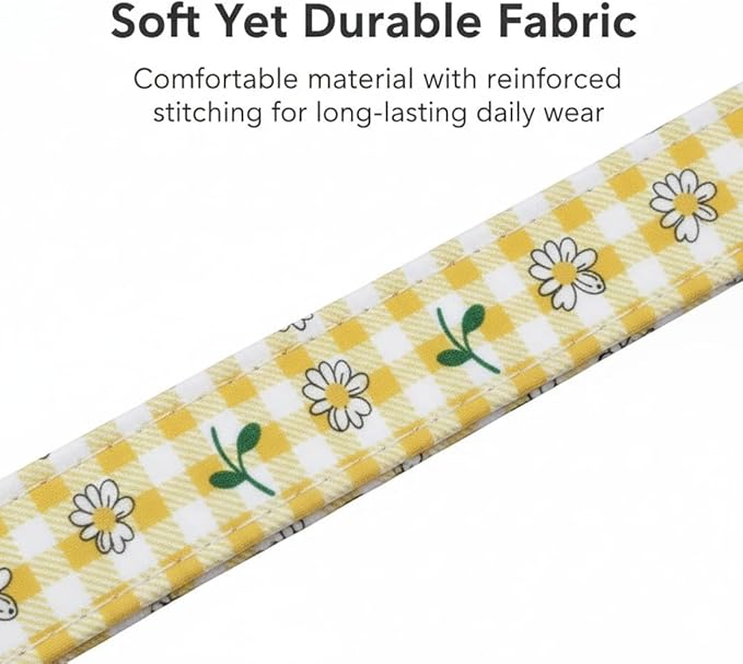 Cute Dog Collar, Yellow Plaid Dog Collar with White Floral Pattern, Spring Summer Design Floral Collar for Girls Boys Medium Dogs