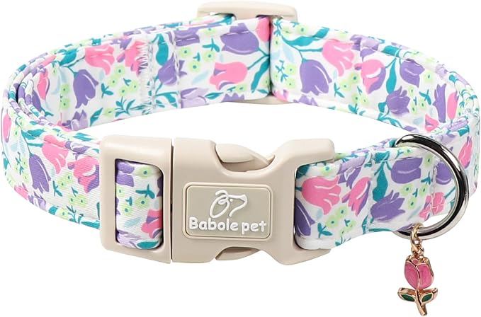 Floral Dog Collar for Small Dogs - Pink Purple Tulips Print Dog Collars, Spring Summer Cute Flower Puppy Collar, Lightweight Adjustable April Holiday Boy Girl Dogs Collars XS