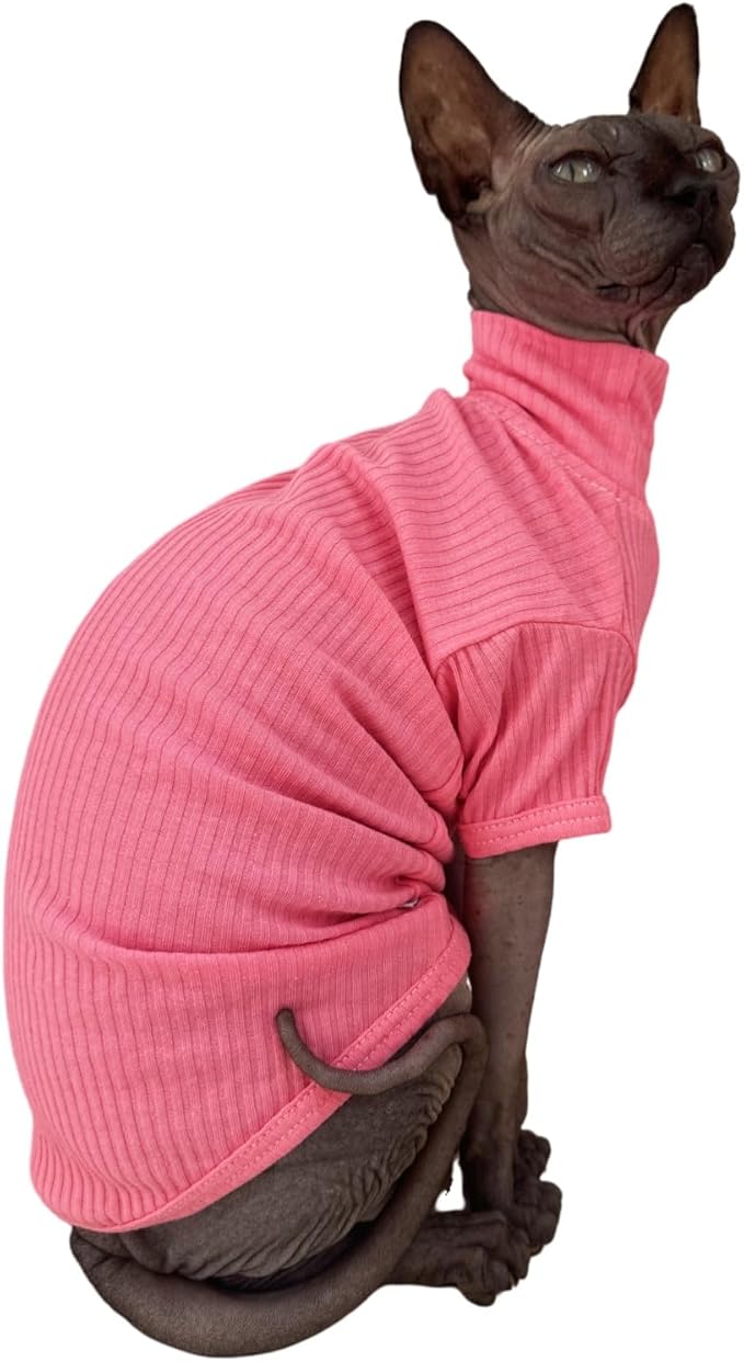 Sphynx Hairless Cats Shirt Cotton Cat Turtleneck Sweater Pullover Kitten T-Shirts with Sleeves Cat Pajamas Jumpsuit for Sphynx Cornish Rex, Devon Rex, Peterbald (XX-Large (Pack of 1), Rosey Pink)