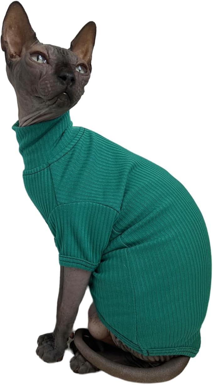 Sphynx Hairless Cats Shirt Breathable Cat Turtleneck Sweater Pullover Kitten T-Shirts with Sleeves Cat Pajamas Jumpsuit for Sphynx Cornish Rex, Devon Rex, Peterbald (Small (Pack of 1), Peacock Green)