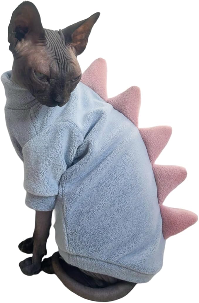 Dinosaur Sphynx Cat Clothes, Soft Polar Fleece Sweater for Cat, Elastic Pet Clothes Thick Winter Warm Outfit for Hairless Cat, Devon, Cornish, Small Dogs Apparel with Sleeves (Sky Blue, XX-Large)