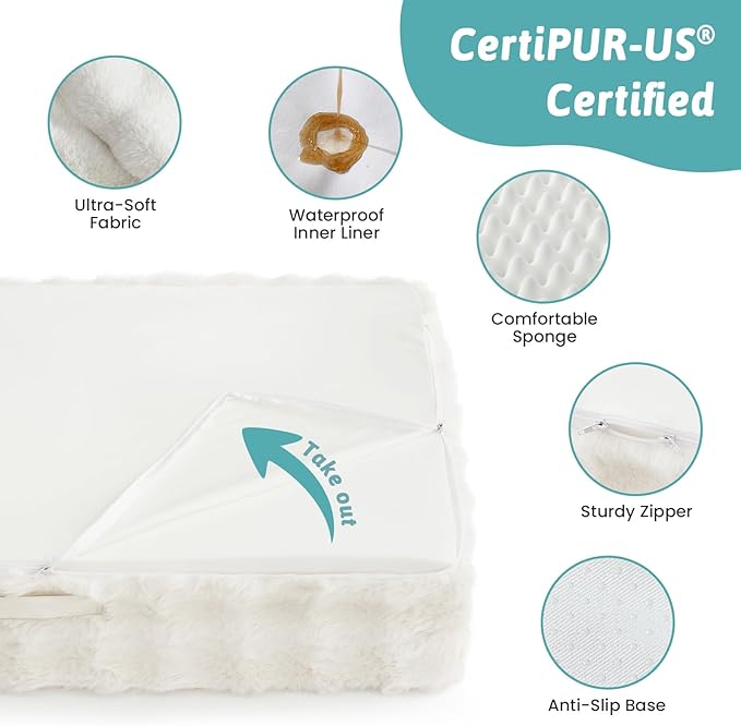 Orthopedic Dog Bed for Medium Small Size Dog, Soft and Warm Faux Fur Sofa for Pet Up to 40 lbs, Foam Bolster Anti-Slip Couch with Washable Removable Cover, M 30x20x6.5 inch, Beige
