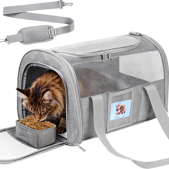 Soft Cat Carrier for Pets Up to 25 lbs, Cat Pet Travel Bag with Padded Shoulder Strap and Detachable Cat Food Bowl, Pet Dog Carriers for Small Dogs and Puppies, Travel Carry, Gray