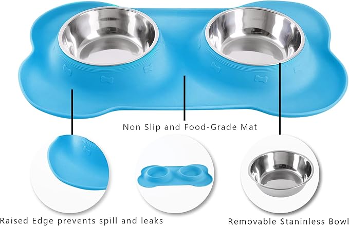 Hubulk Pet Dog Bowls 2 Stainless Steel Dog Bowl with No Spill Non-Skid Silicone Mat + Pet Food Scoop Water and Food Feeder Bowls for Feeding Small Medium Large Dogs Cats Puppies (Medium, Turquoise)