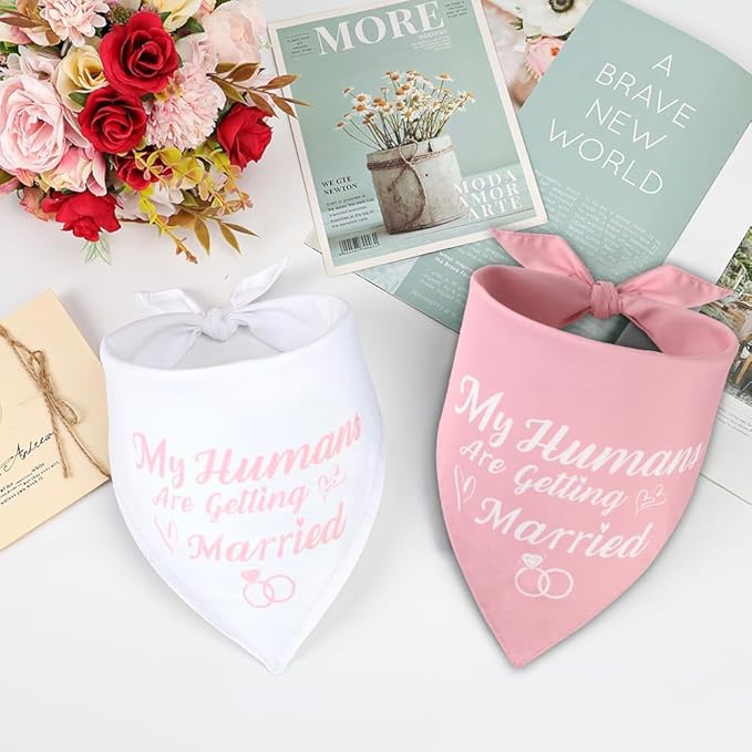 SZEE Bridal Shower Gifts for Bride, 2 Pack My Humans are Getting Married Dog Bandanas, Wedding or Engagement Gift for Couples, Dog Wedding Bandanas, Engagement Party Decorations (Pink & White, L)