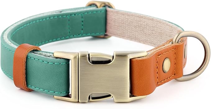 Plutus Pet Genuine Leather & Hemp Dog Collar – Adjustable Heavy Duty Pet Collar with Quick Release Metal Buckle, Soft & Stylish for Puppy and Small, Medium, Large Dogs (Green, M)