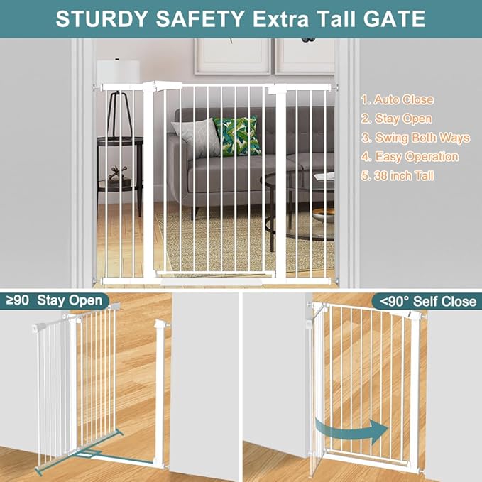 Fairy Baby Narrow Baby Gate 26.8 Inch to 29.5 Inch Wide, 38" Extra Tall Metal Safety Child Gate Auto Close Walk Through Pet Gates Pressure Mounted or Small Stairs and Doorways Indoor No Drill, White