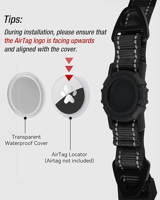 Joytale Airtag Dog Collar, Dual D-Rings, Waterproof Reflective Pet Collar with AirTag Holder, Soft Padded Adjustable for Large Dogs, Black, L