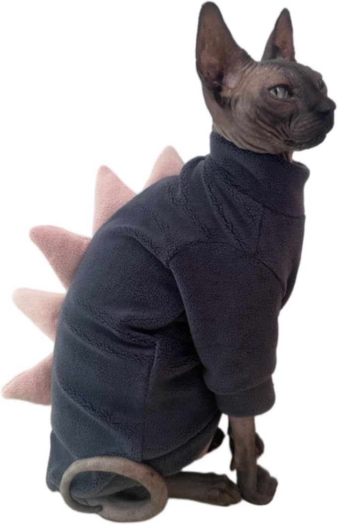 Dinosaur Sphynx Cat Clothes, Soft Polar Fleece Sweater for Cat, Elastic Pet Clothes Thick Winter Warm Outfit for Hairless Cat, Devon, Cornish, Small Dogs Apparel with Sleeves (Grey, X-Large)