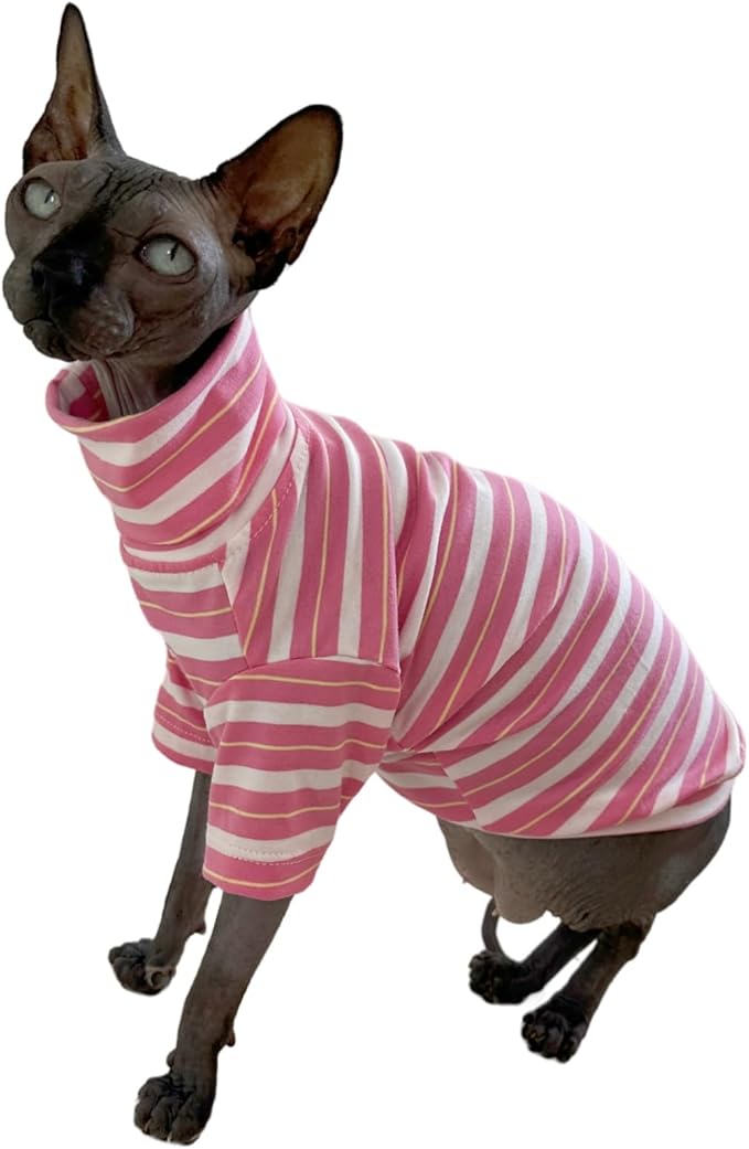 Vintage Stripes Sphynx Hairless Cats Shirt Cotton Cat Turtleneck Pet Clothes Kitten T-Shirts with Sleeves for Sphynx Cats (Sakura, Large)