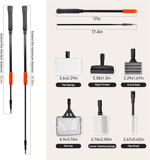 6 in 1 Aquarium Cleaning Tool Kit, Telescopic Handle Design, for 20-160 Gallon Freshwater and Saltwater Aquariums, Includes Algae Scraper, Sponge Pad, Pipe Brush, Gravel Rake, Fish Net