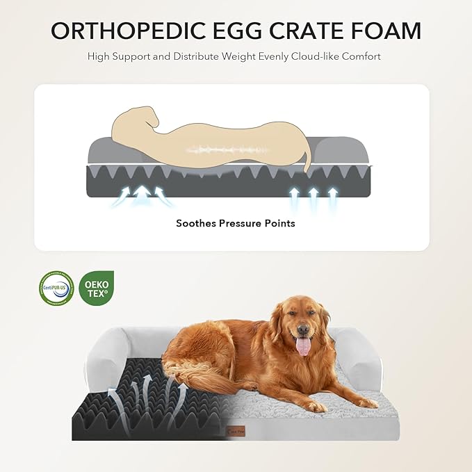 Orthopedic Dog Beds for Extra Large Dogs, Waterproof Egg Crate Foam XL Dog Bed with Sides 41x27Inch, Washable Big Dogs Couch Beds with Removable Cover and Nonskid Bottom, Grey White