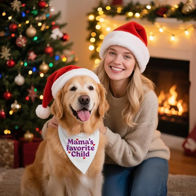 Mama's Favorite Child White Dog Bandana, Funny Photo Prop Pet Scarf Accessories for Small Medium Large Canine, Mother's Day Birthday Christmas Gender Revealing Gifts for Dog Mom Pet Lovers
