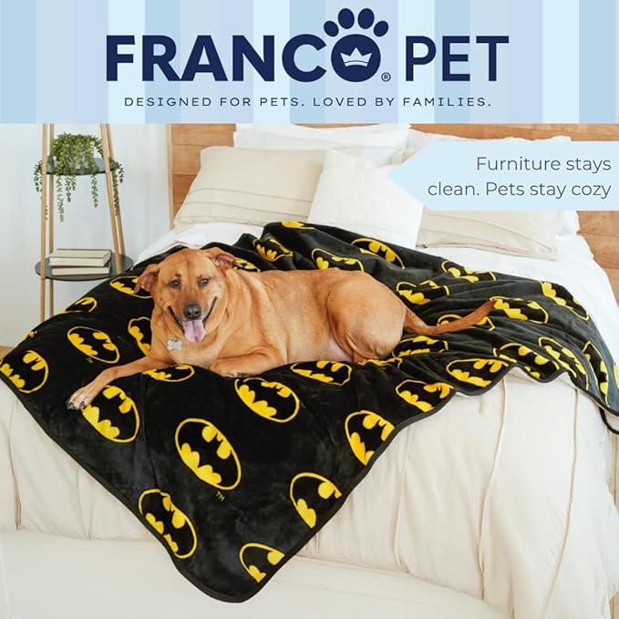 Franco Pet Batman DC Comics Bat Shield Logo XL Oversized Super Soft Cozy Waterproof Sherpa-Backed Blanket Throw for Large Dogs, Couch/Bed/Car, 60x80 (Officially Licensed Product)