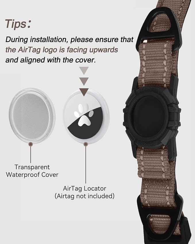 Joytale Airtag Dog Collar, Reflective Pet Collar with Waterproof AirTag Holder, Dual D-Rings, Soft Padded Adjustable for Medium Dogs, Brown, M